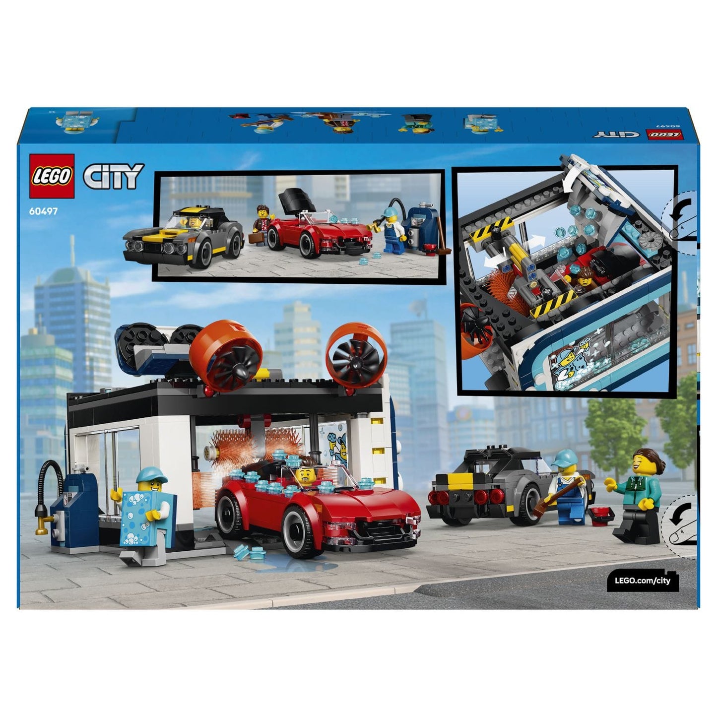 LEGO City Drive-through Car Wash 60497 com estação de lavagem e personagens
