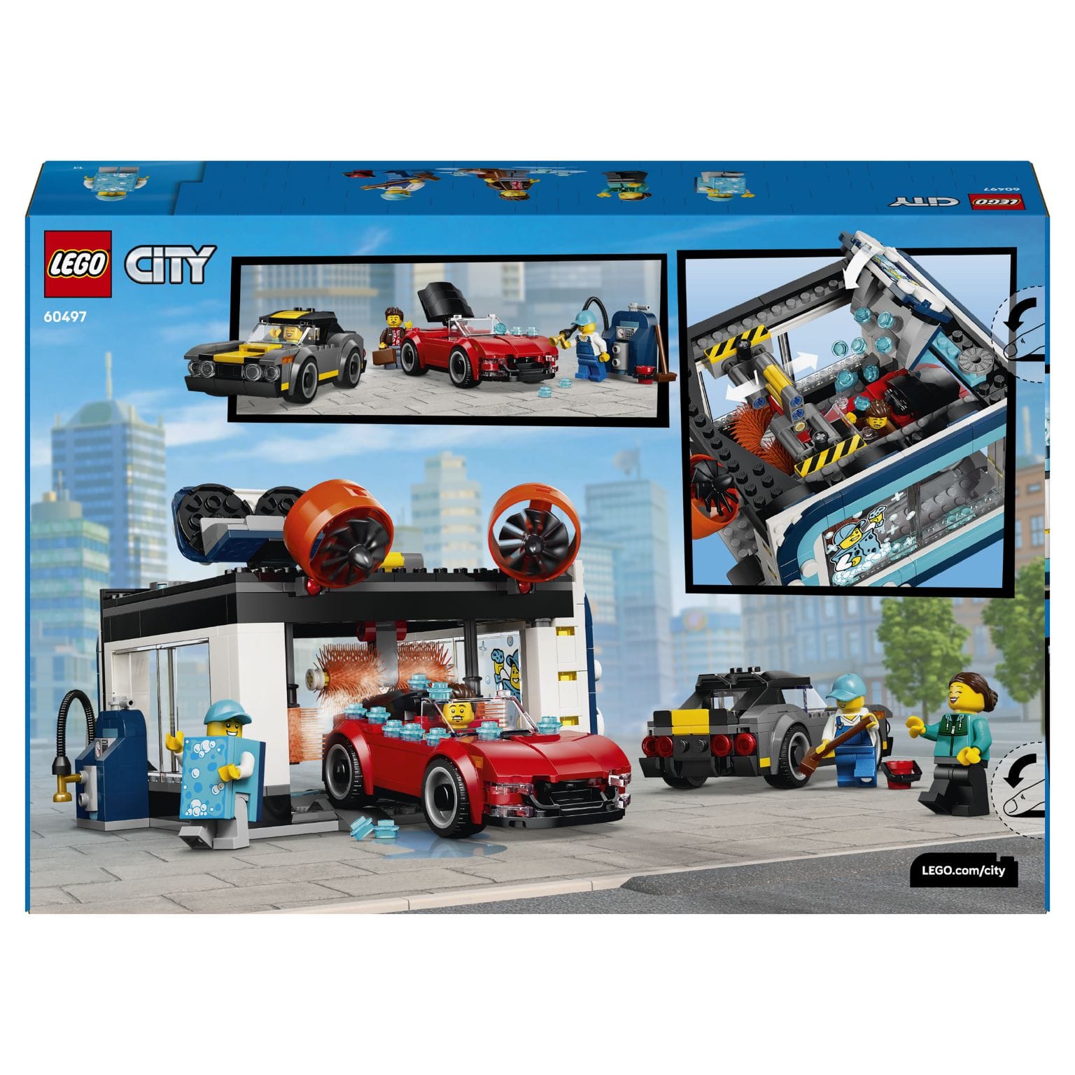 LEGO City Drive-through Car Wash 60497 com estação de lavagem e personagens