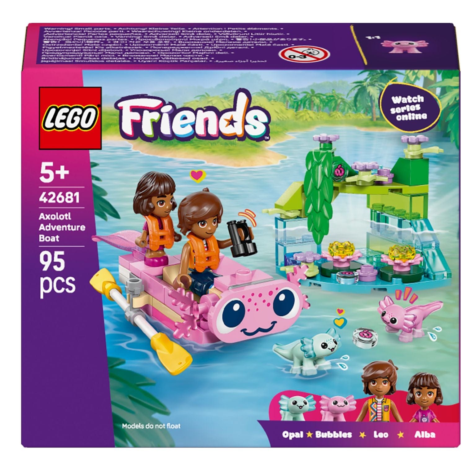 Lego Friends Barco de Aventuras em Forma de Axolote com barco cor-de-rosa e zona de lagoa com flores