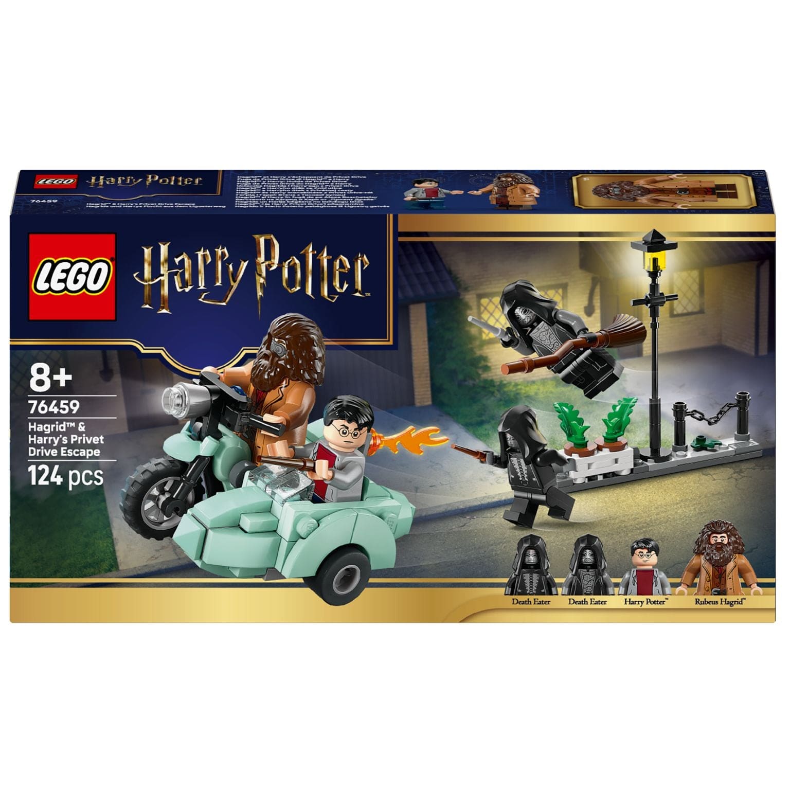 LEGO Harry Potter Fuga de Privet Drive do Hagrid e Harry com mota e sidecar, perseguidores e cenário de rua noturna