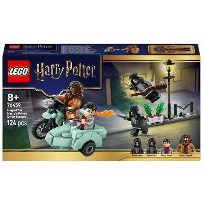 LEGO Harry Potter Fuga de Privet Drive do Hagrid e Harry com mota e sidecar, perseguidores e cenário de rua noturna