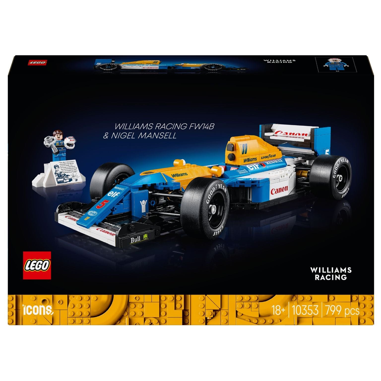 LEGO Icons Williams Racing FW14B e Nigel Mansell em destaque