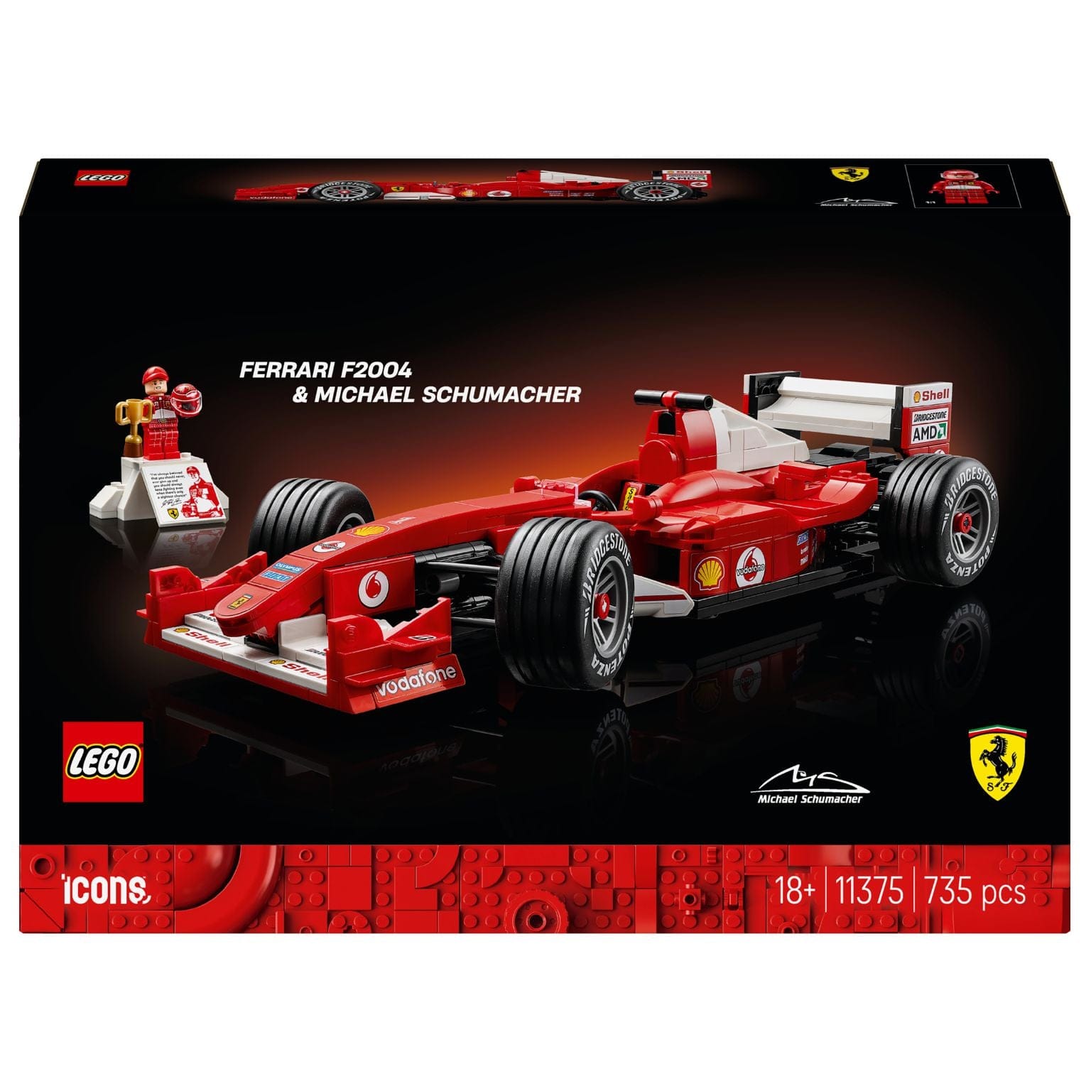 Lego Icons Ferrari F2004 e Michael Schumacher modelo vermelho com minifigura e troféu