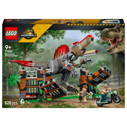 Caixa do Lego Jurassic World Fuga do Espinossauro com o dinossauro e uma mota
