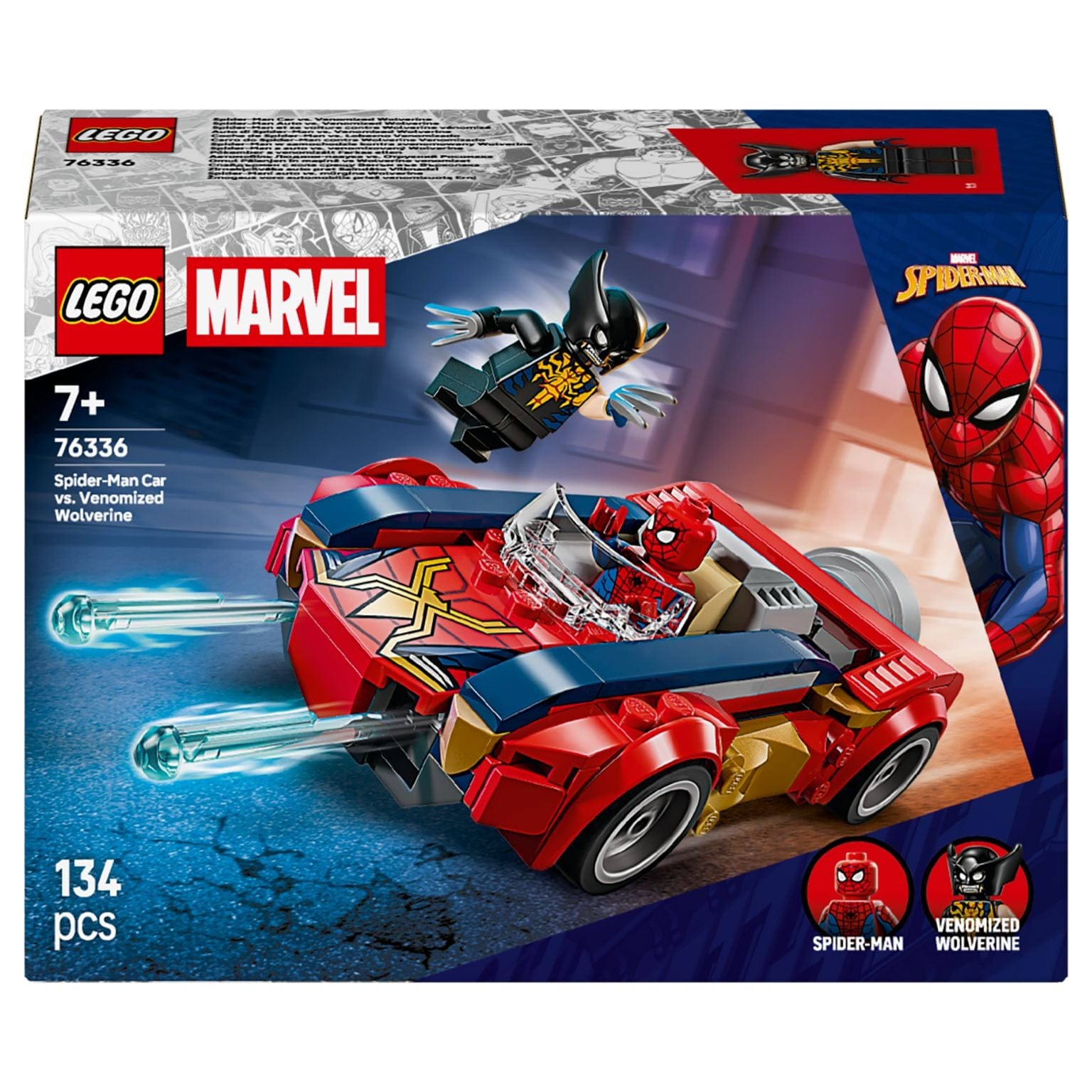 Lego Marvel Carro do Spider-Man contra Wolverine Venomizado com minifiguras e carro vermelho azul