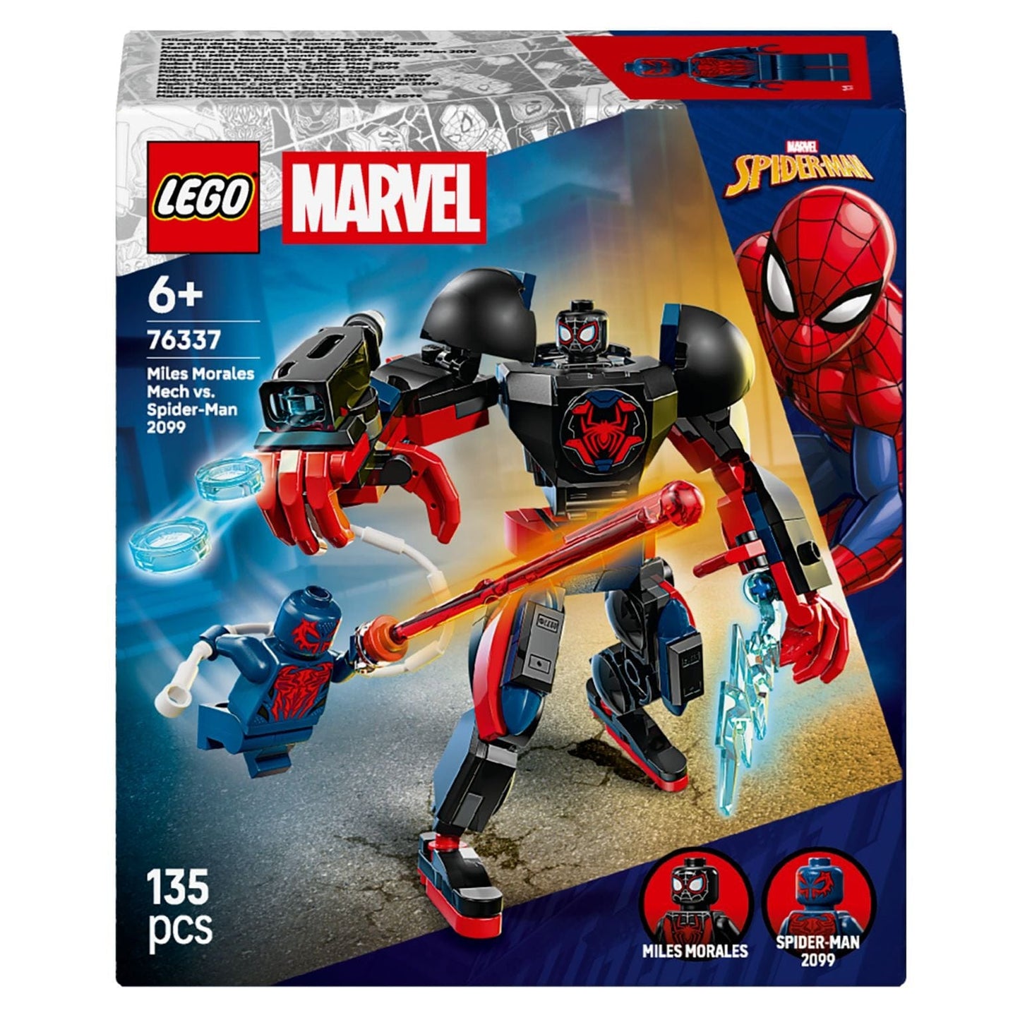 Lego Marvel Robô do Miles Morales contra Spider-Man 2099 em combate com minifiguras