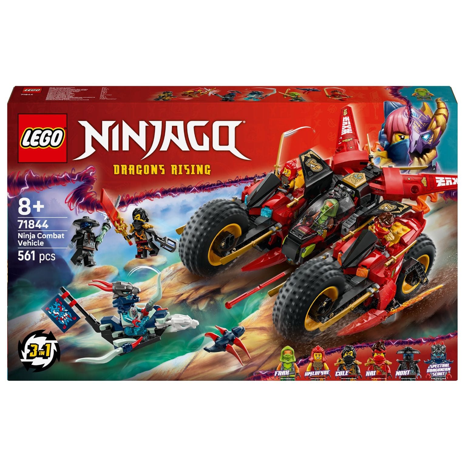 Lego Ninjago Veículo de Combate Ninja em vermelho com minifiguras em ação