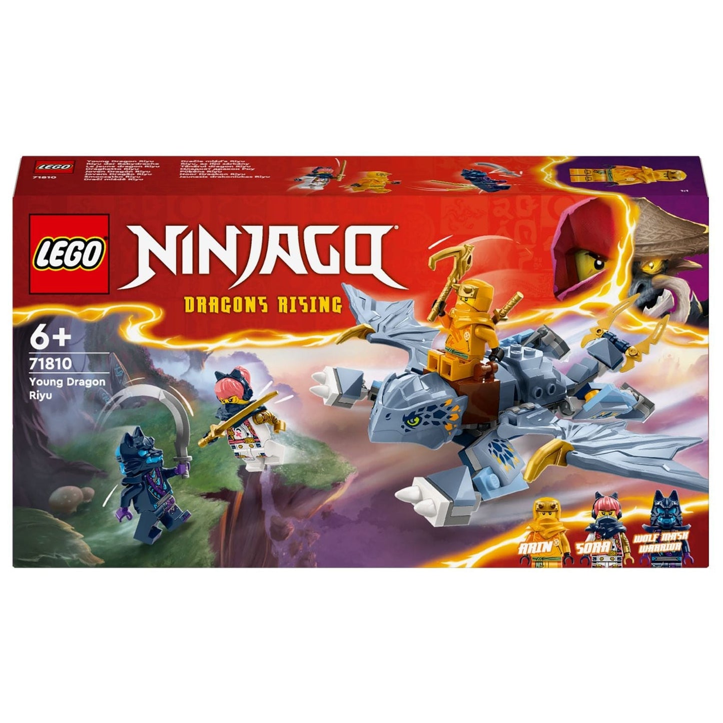 LEGO Ninjago Jovem Dragão Riyu 71810 com minifiguras em ação e dragão cinzento com asas