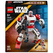 Lego Star Wars Robô Clone Shock Trooper branco e vermelho com minifigura e arma em cenário de ação