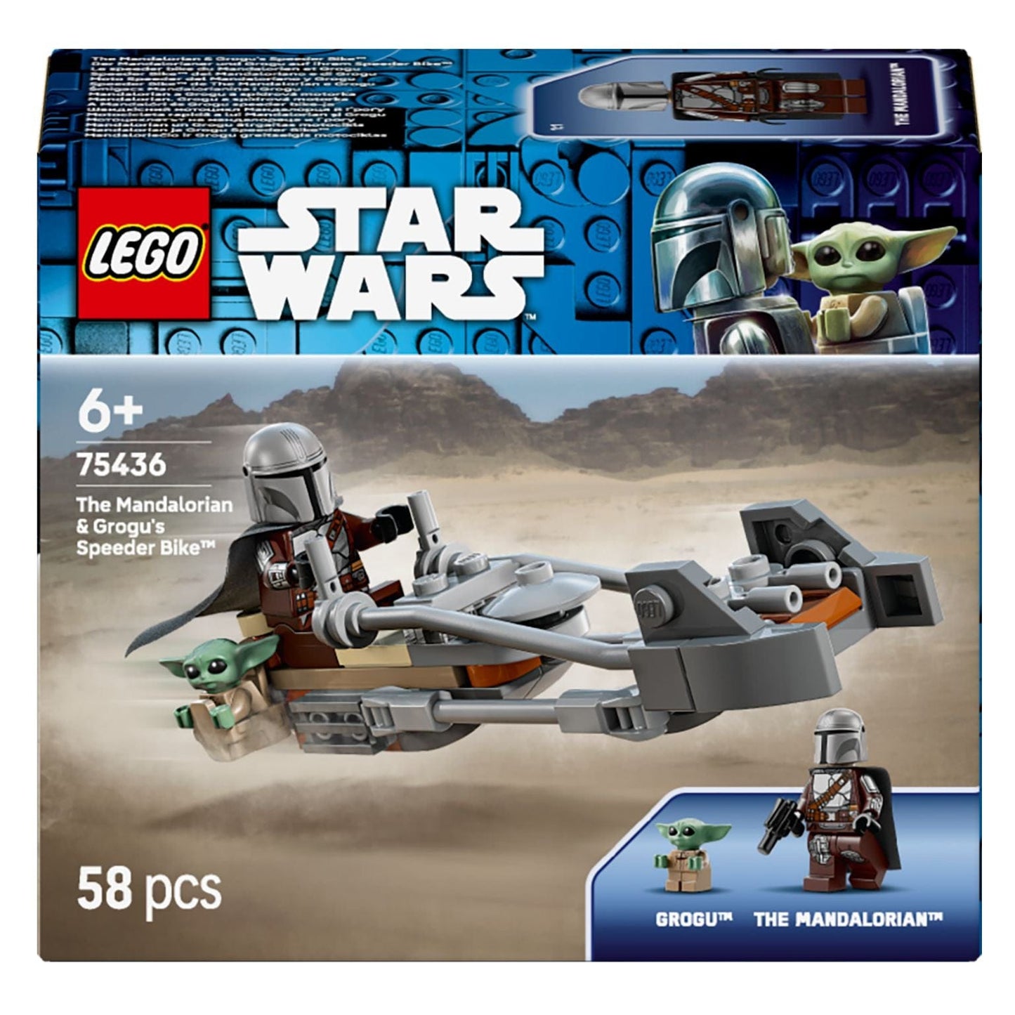 Lego Star Wars Speeder Bike de The Mandalorian e Grogu com o Mandaloriano e Grogu em missão de aventura
