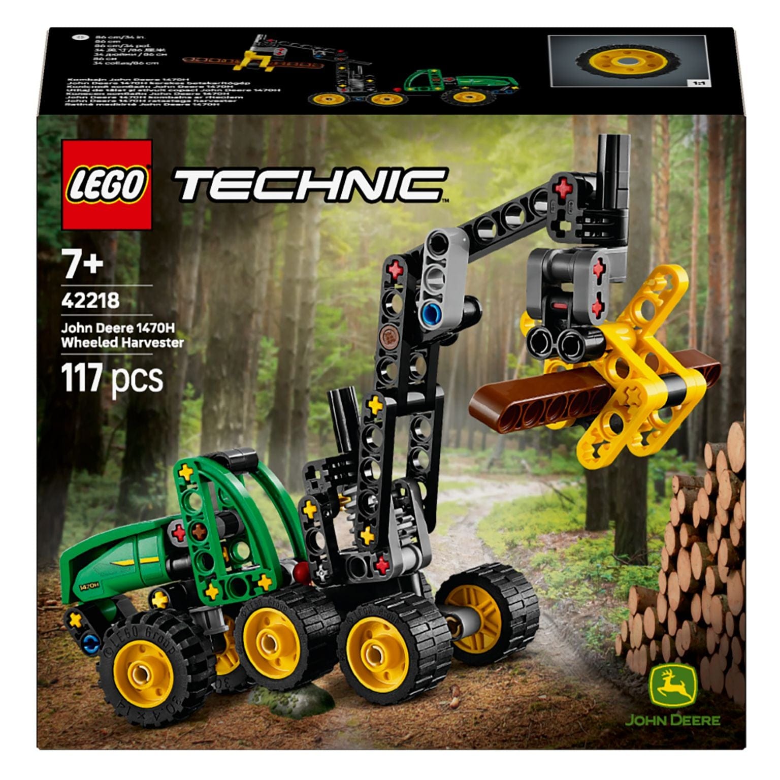 Lego Technic Ceifeira com Rodas John Deere 1470H verde e amarelo com braço articulado e garra a segurar troncos