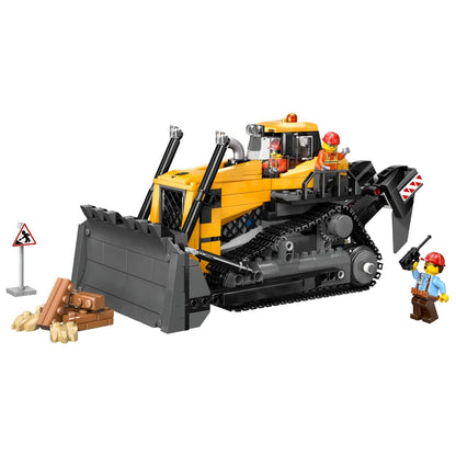 Lego City Buldózer Amarelo montado com lâmina cinzenta e minifiguras de construção