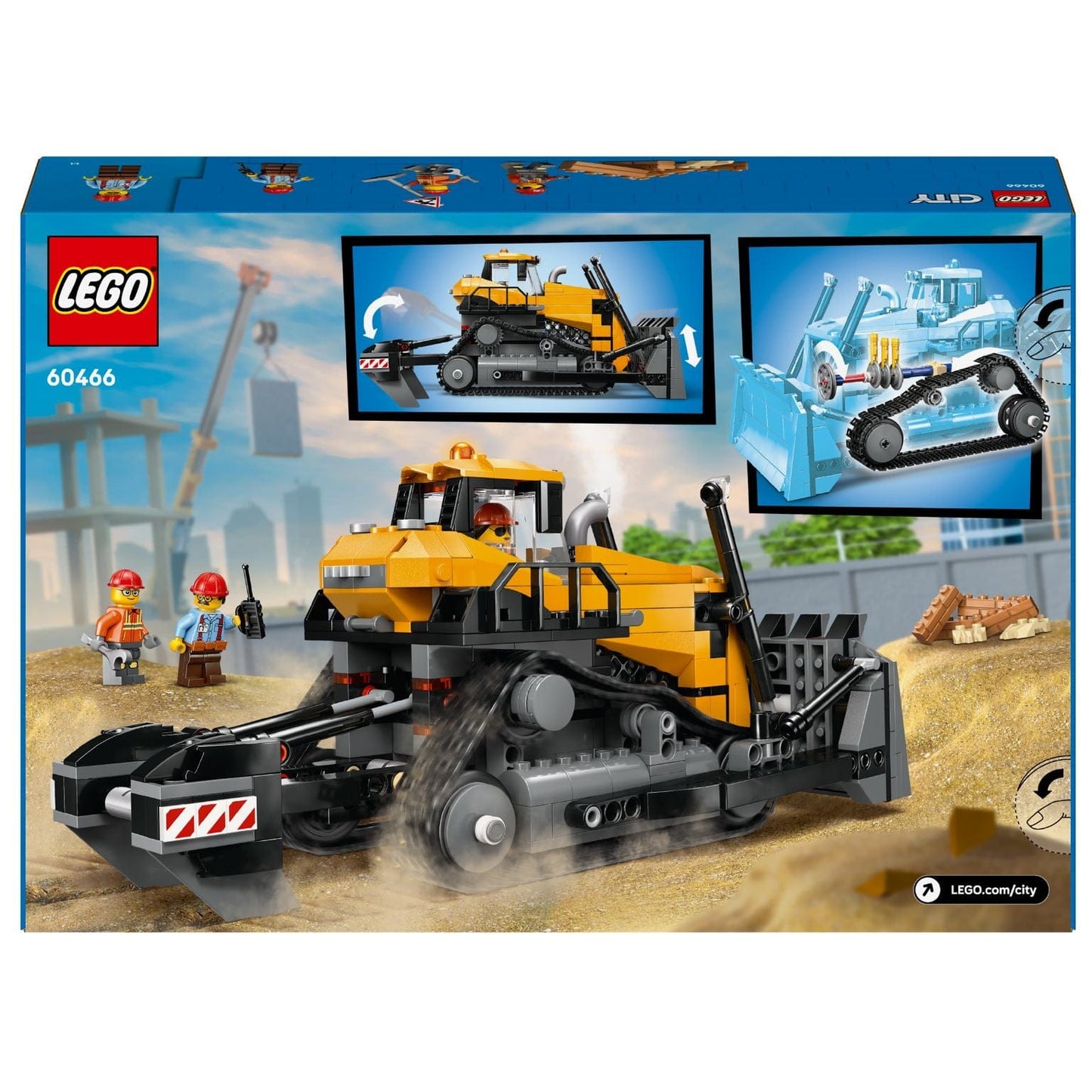 Lego City - Buldózer Amarelo com figuras de construção e lâmina frontal em cenário de obra