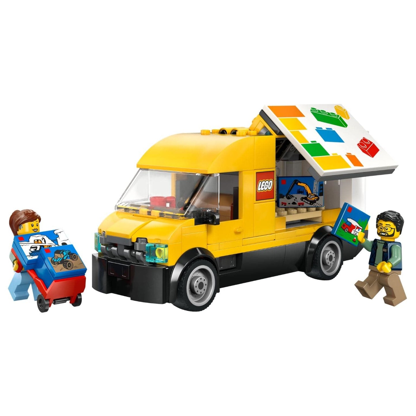 Carrinha LEGO City amarela com abertura lateral, caixas de entrega e personagens a brincar