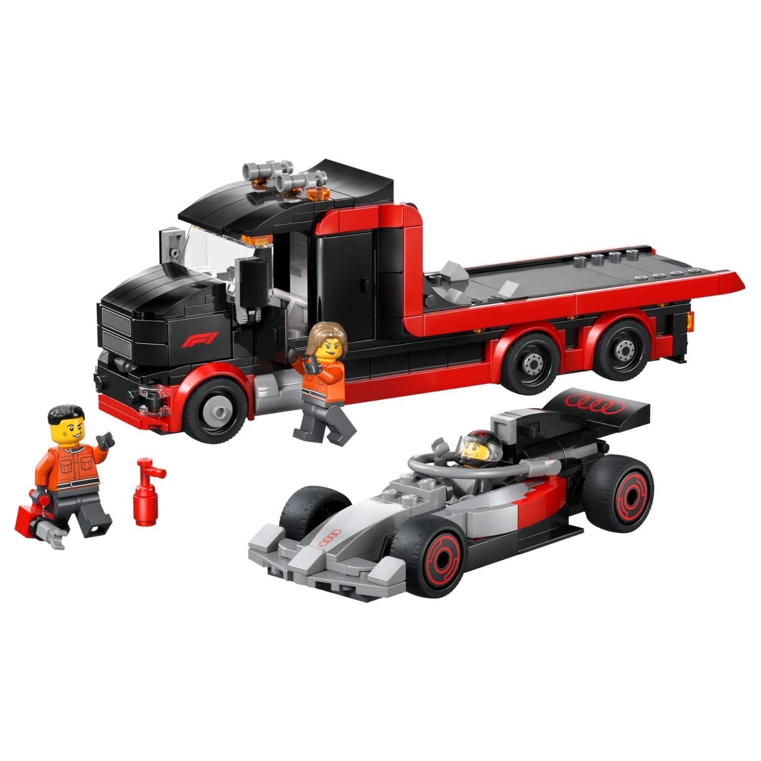 Lego City camião de exposição de F1 com carro de corrida Audi e minifiguras de equipa