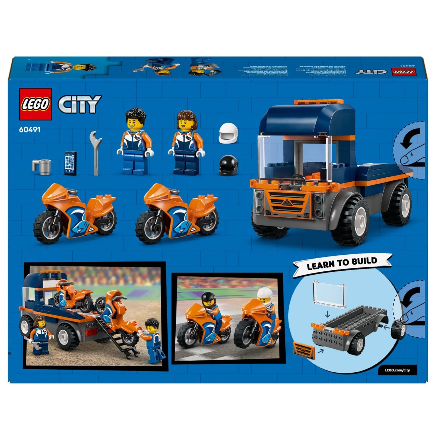 Lego City Camião de Transporte de Motas com camião azul e laranja e duas motos de corrida