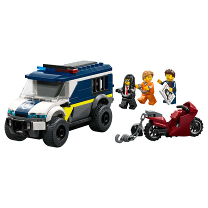 Lego City carrinha da polícia azul e branca com mota vermelha e quatro minifiguras