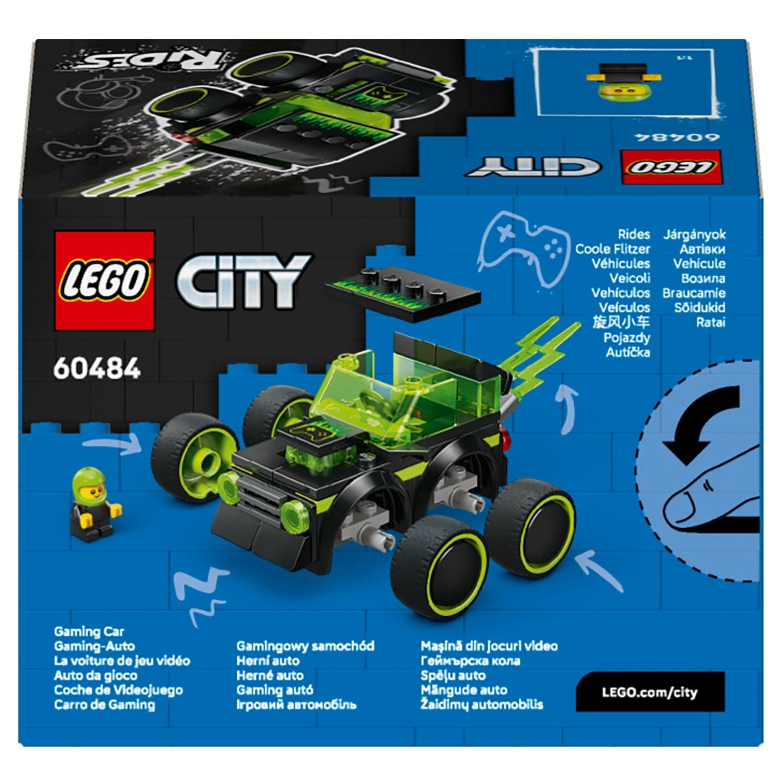 Lego City Carro de Corrida de Gaming com estilo neon e minifigura piloto