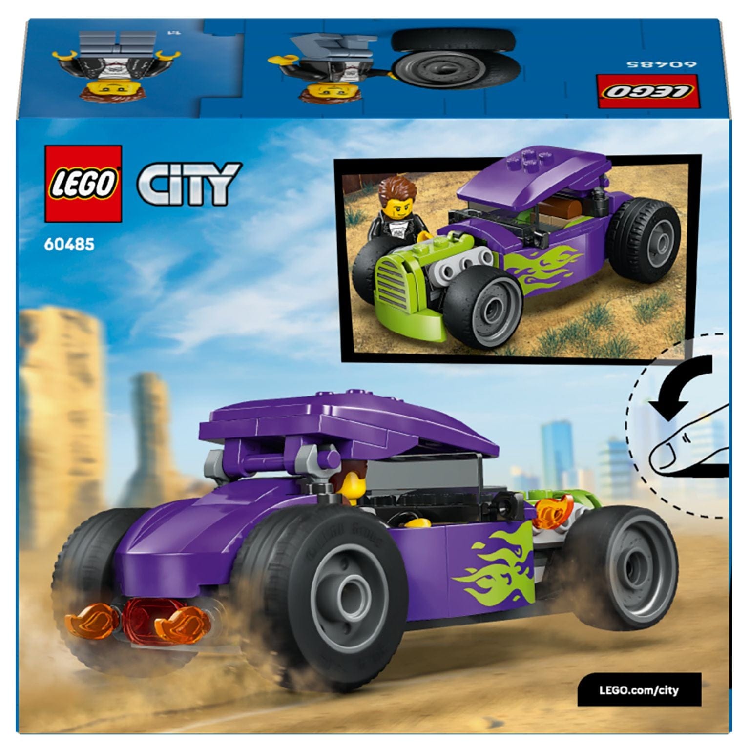 Lego City Hot Rod roxo e verde com chamas e piloto