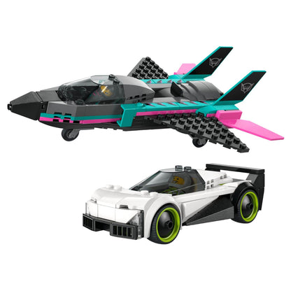 Jato preto e turquesa e carro branco do Lego City Jato Contra Carro