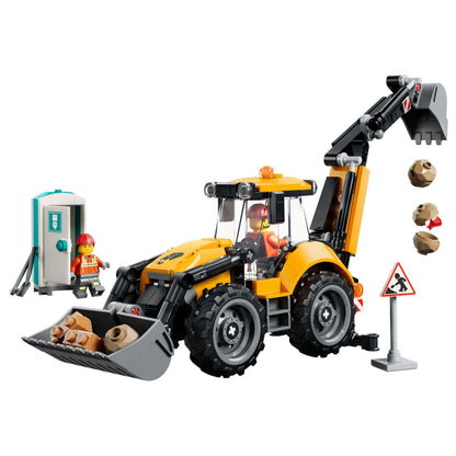 Retroescavadora amarela Lego City montada com minifigura e sinal de obras