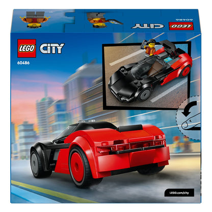 Verso da caixa do Lego City Supercarro Elétrico com o carro e o condutor
