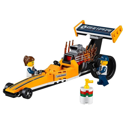 Dragster amarelo LEGO City com piloto e mecânico
