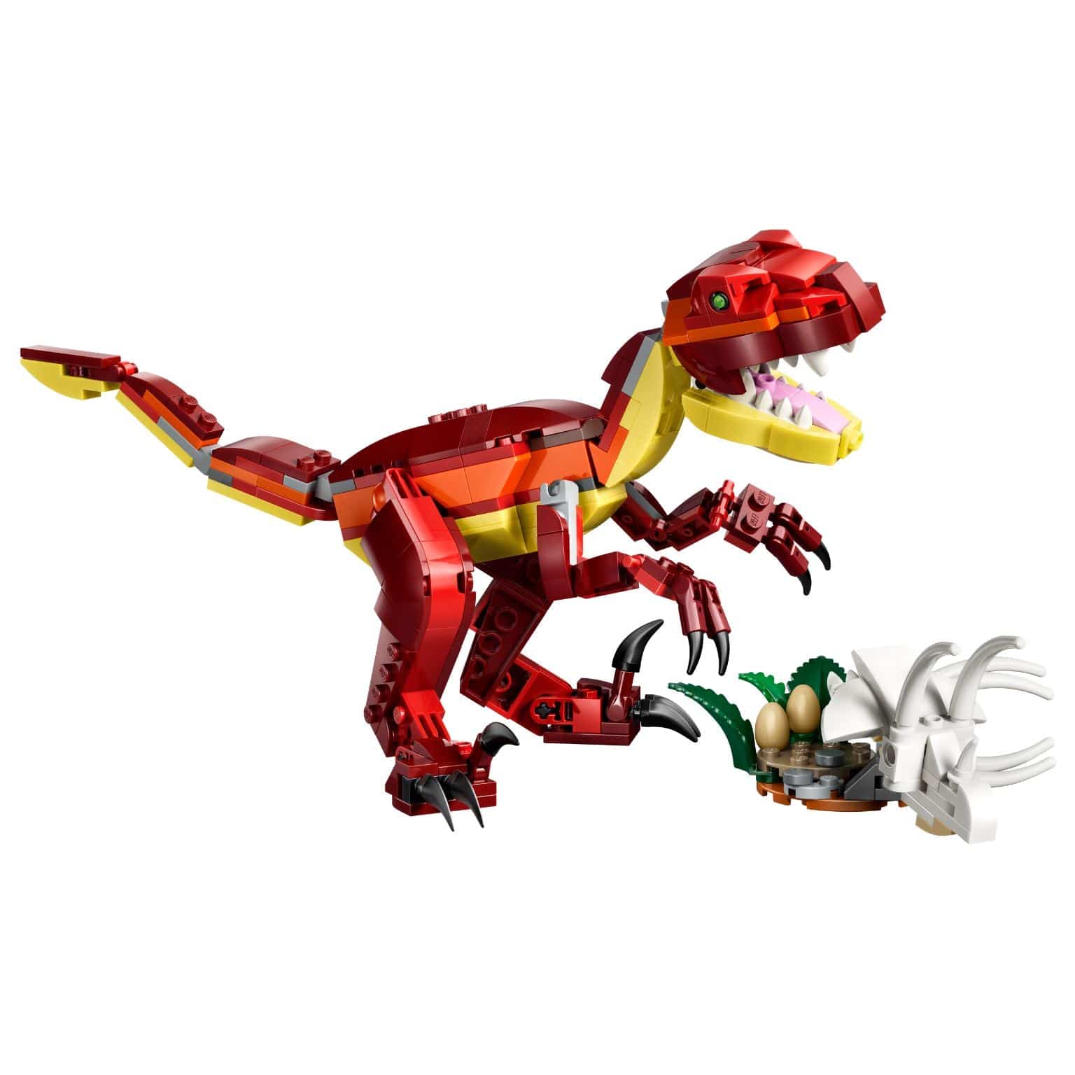 Lego Creator Dinossauro Feroz vermelho em construção com cenário pré-histórico e ninho