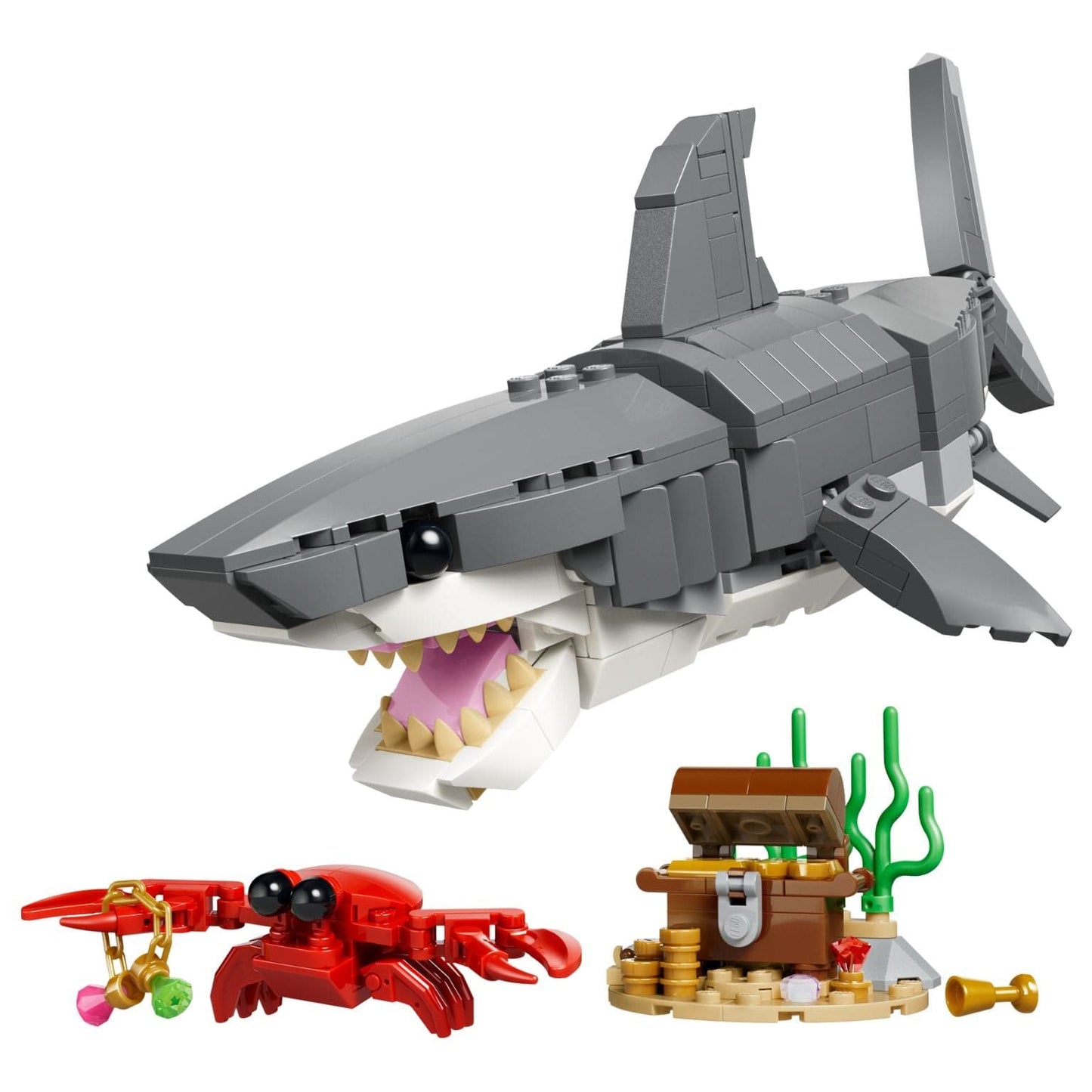 Lego Creator Tubarão Feroz com baú do tesouro e criatura marinha em cenário subaquático