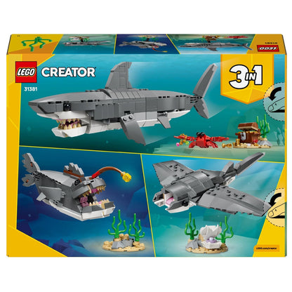 Lego Creator Tubarão Feroz com baú do tesouro e criatura marinha em cenário subaquático