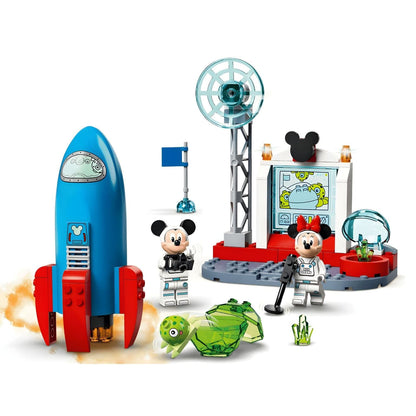 Foguetão LEGO azul e vermelho com Mickey e Minnie astronautas e base espacial