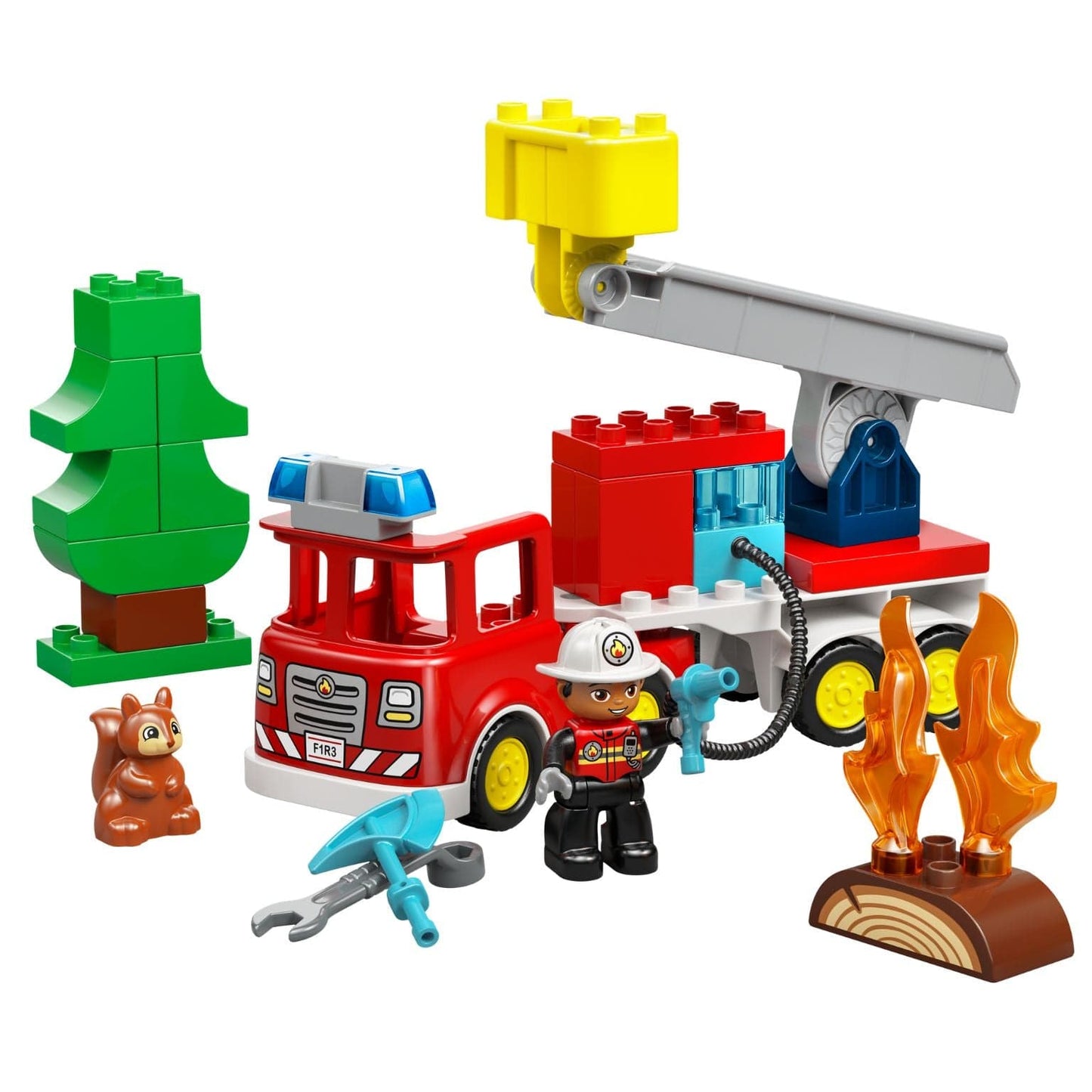 Lego Duplo camião de bombeiros com mangueira e bombeiro com chamas árvore e esquilo