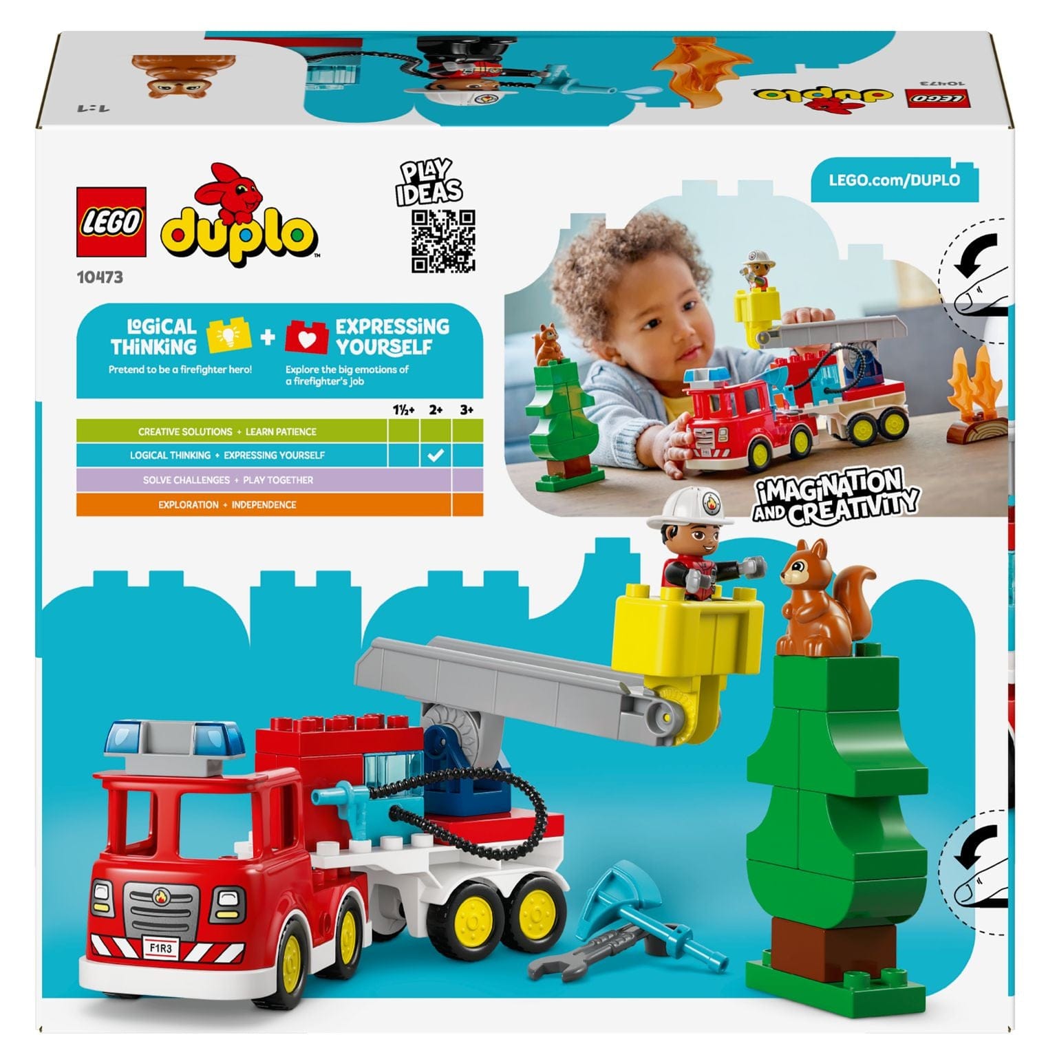 Lego Duplo camião de bombeiros com mangueira e bombeiro com chamas árvore e esquilo