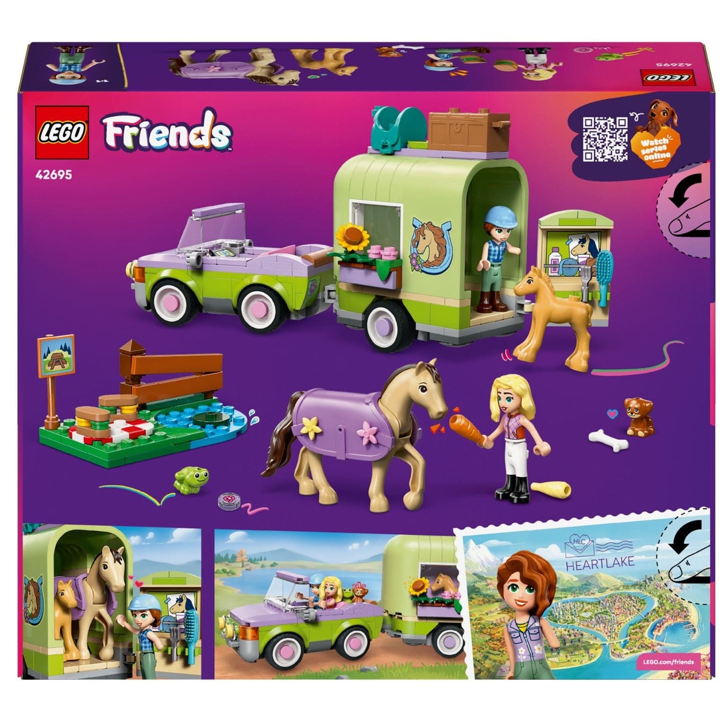 Lego Friends Reboque Para Cavalo e Potro com carro, reboque e figuras de cavalo em cenário de brincadeira