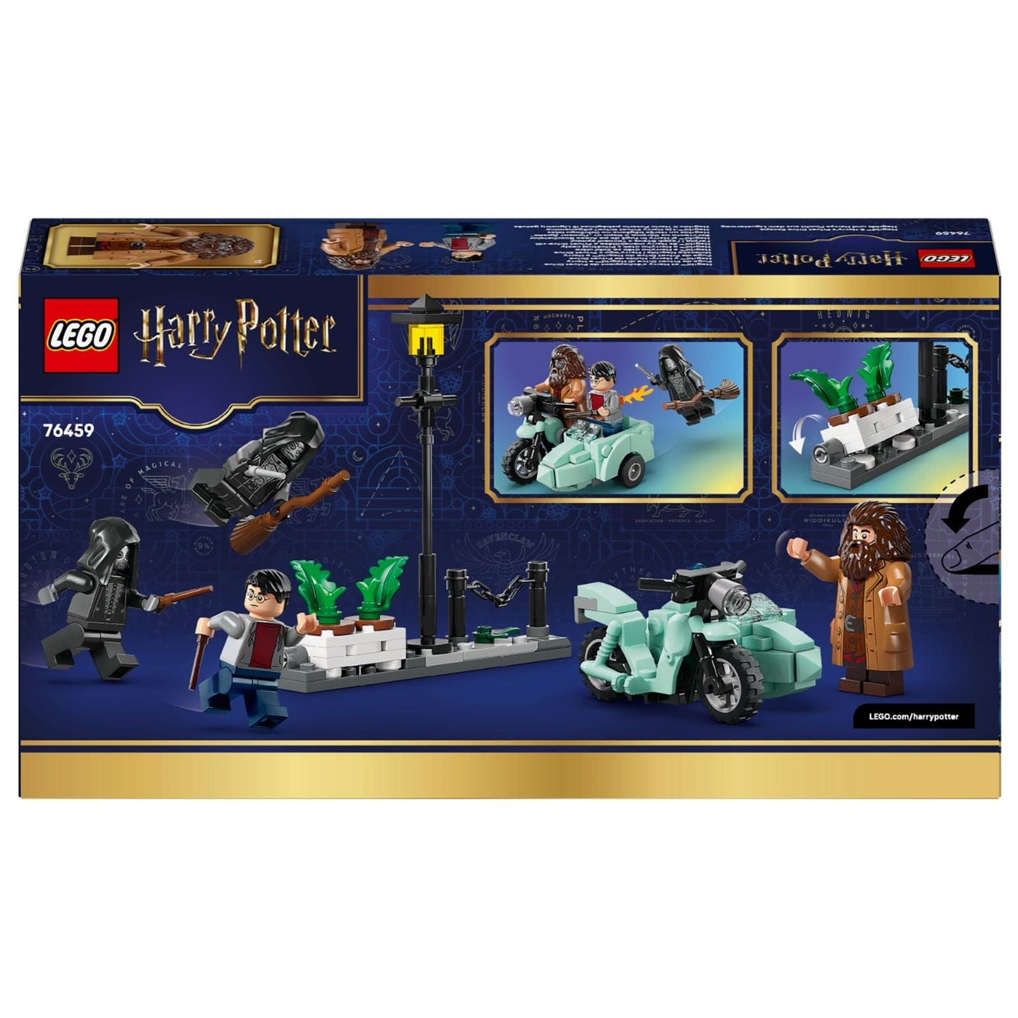 LEGO Harry Potter Fuga de Privet Drive do Hagrid e Harry com mota e sidecar, perseguidores e cenário de rua noturna