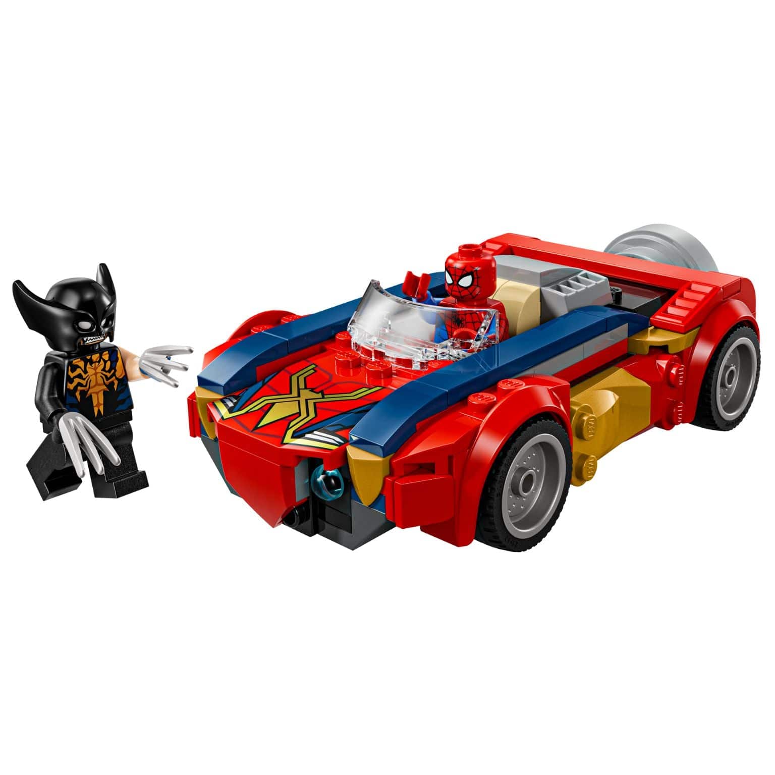 Lego Marvel Carro do Spider-Man contra Wolverine Venomizado com minifiguras e carro vermelho azul