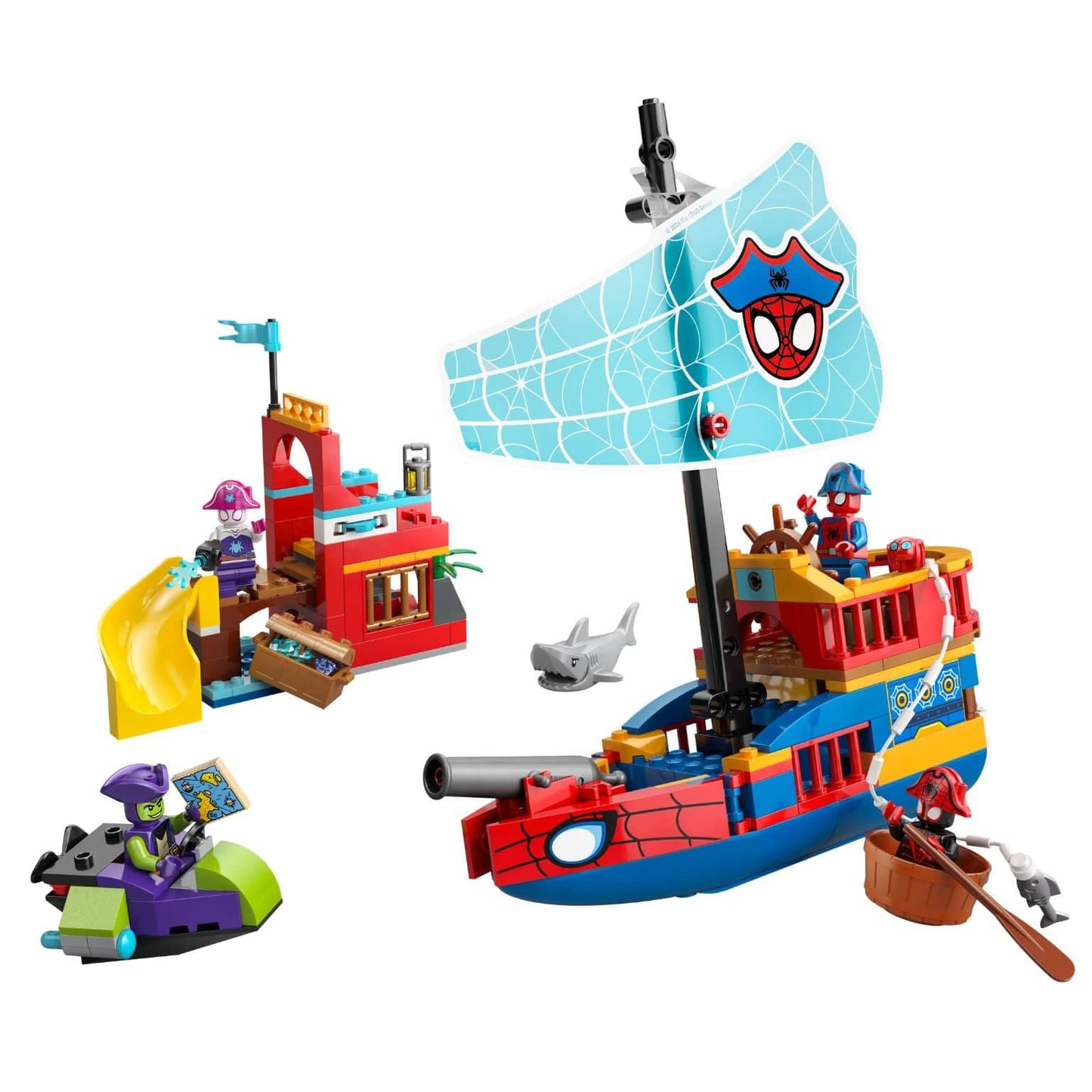 Lego Marvel Equipa Spidey – Barco Pirata com vela de teia, barco colorido e personagens Spidey em aventura