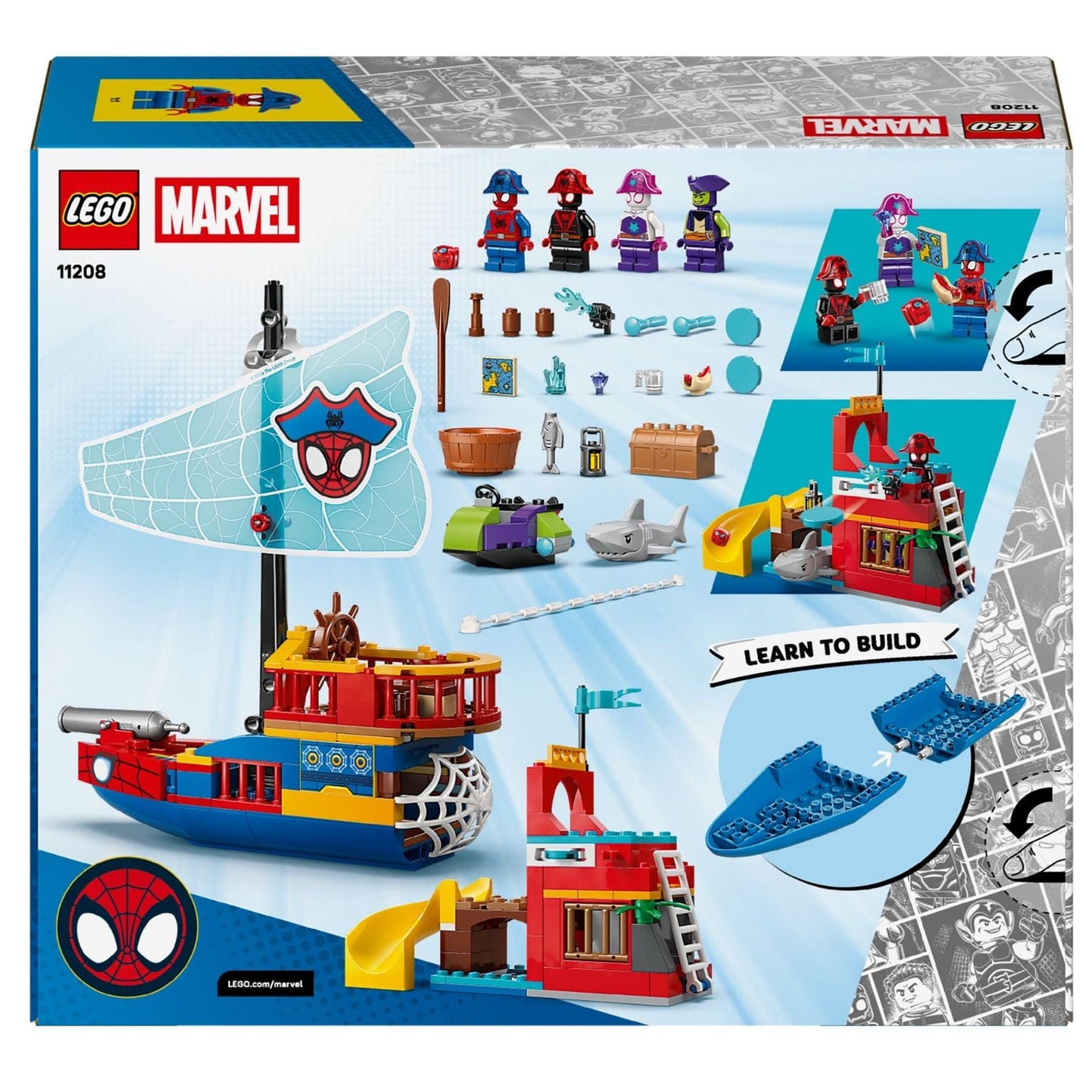 Lego Marvel Equipa Spidey – Barco Pirata com vela de teia, barco colorido e personagens Spidey em aventura