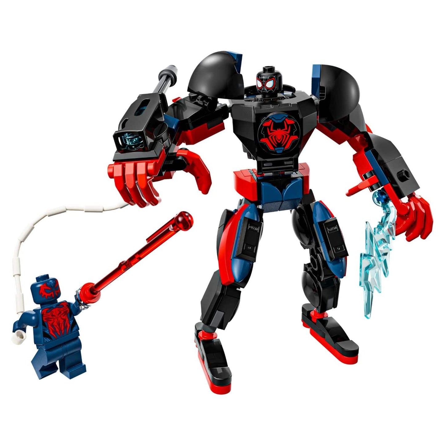 Lego Marvel Robô do Miles Morales contra Spider-Man 2099 em combate com minifiguras