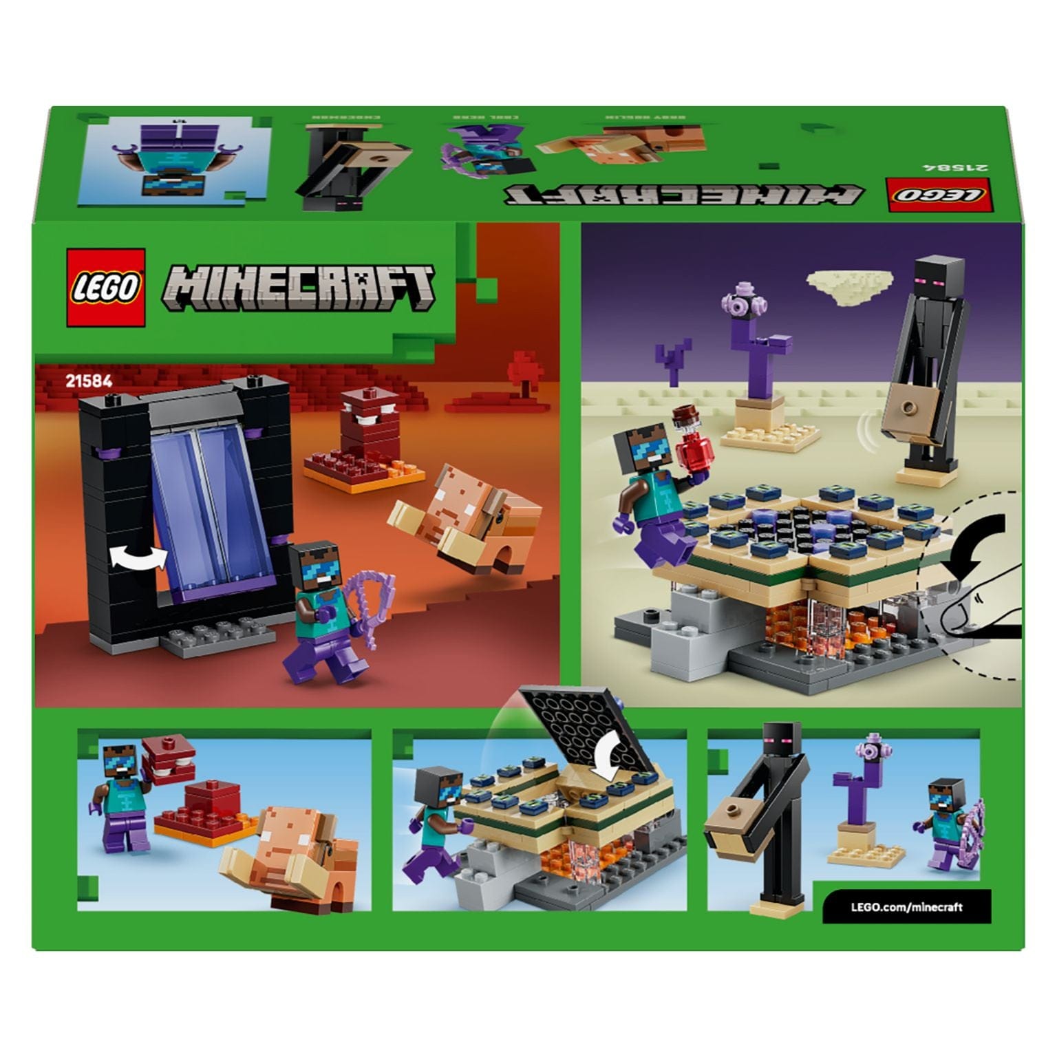 Lego Minecraft Jornada em Nether e Portal do End com portal, personagens Minecraft e cenário de aventura