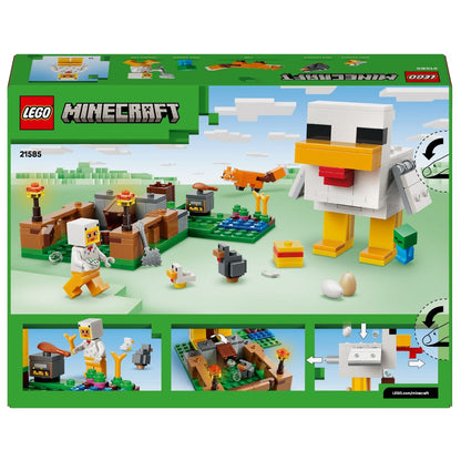 Lego Minecraft Quinta da Galinha com galinha grande, raposa e personagens em cenário de quinta