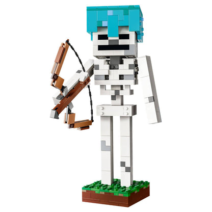 Esqueleto LEGO Minecraft montado com arco e base de relva
