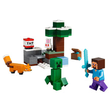 Lego Minecraft Aventura em Taiga do Steve com Steve, Creeper, raposa, coelho e cenário de taiga
