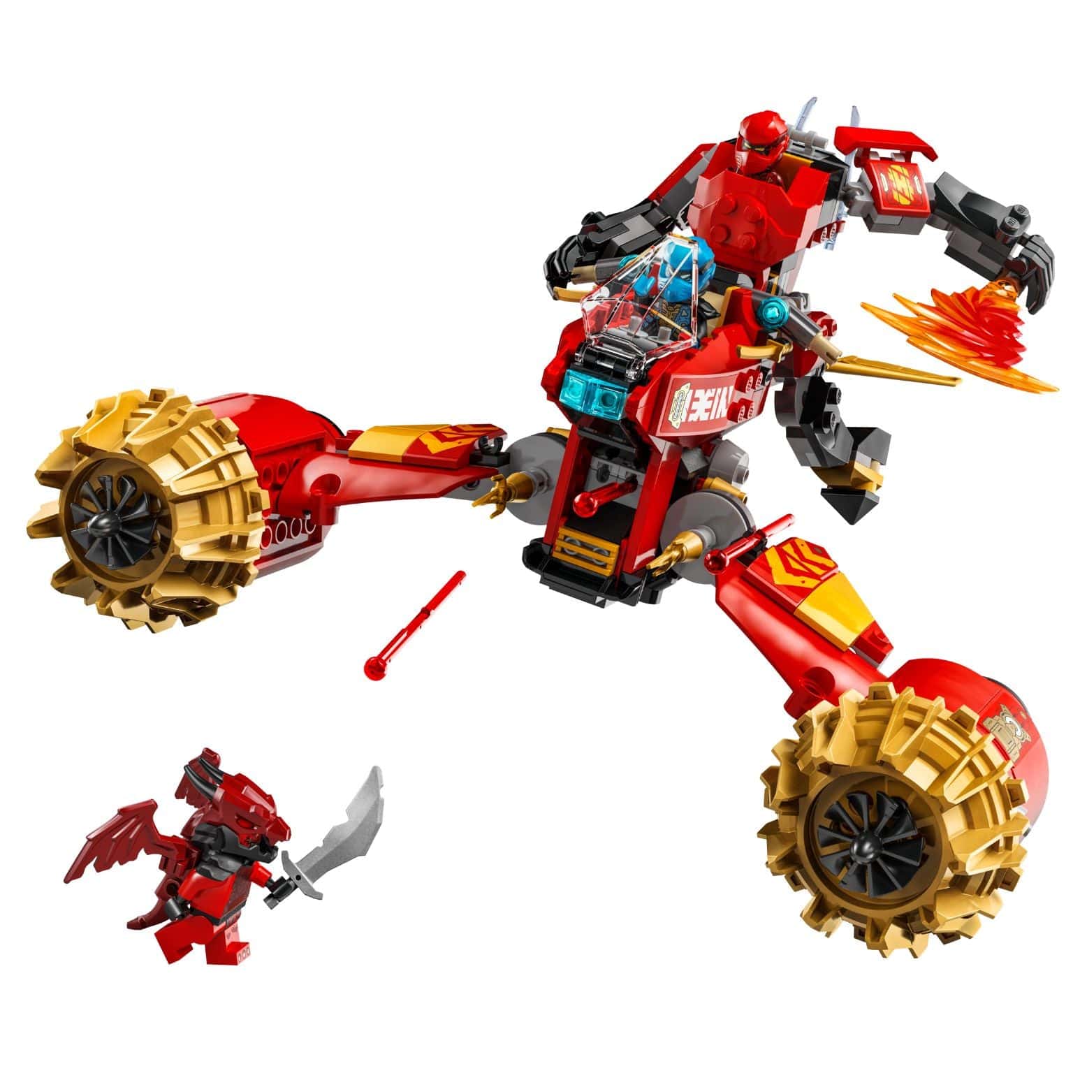 Lego Ninjago Robô Motard da Tempestade do Kai veículo vermelho com robô ninja e efeitos de chama
