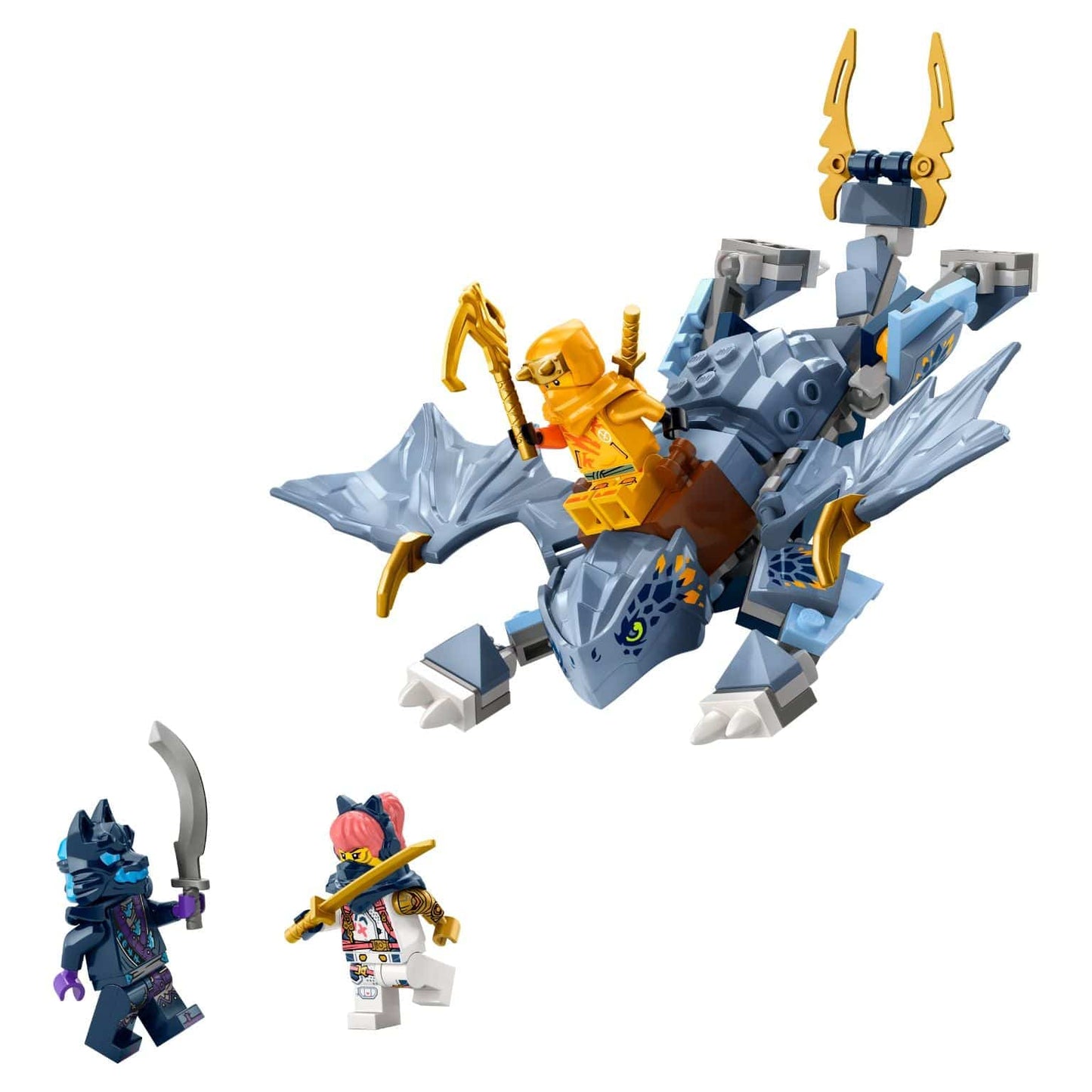 LEGO Ninjago Jovem Dragão Riyu 71810 com minifiguras em ação e dragão cinzento com asas