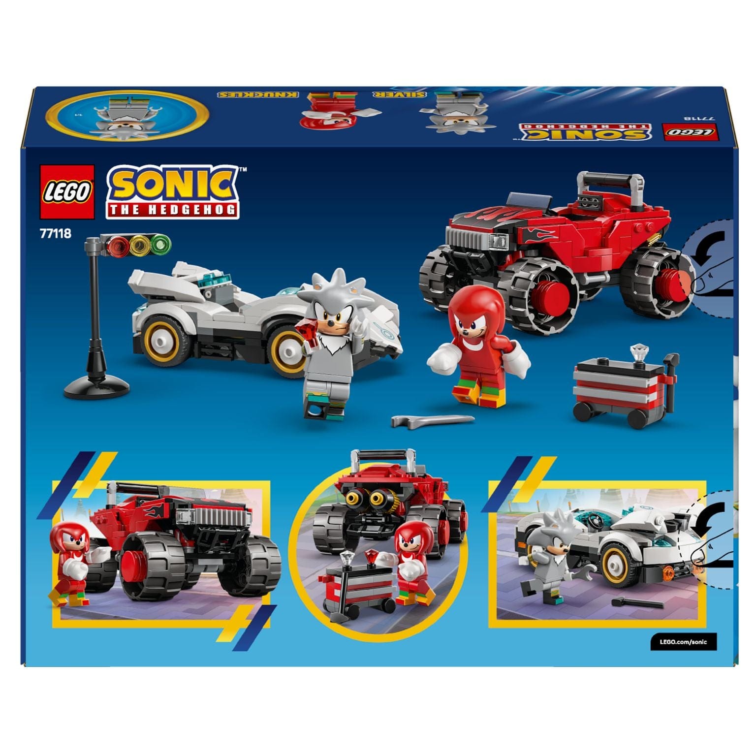 Lego Sonic Carro do Silver contra Monster Truck do Knuckles com veículos e acessórios de corrida