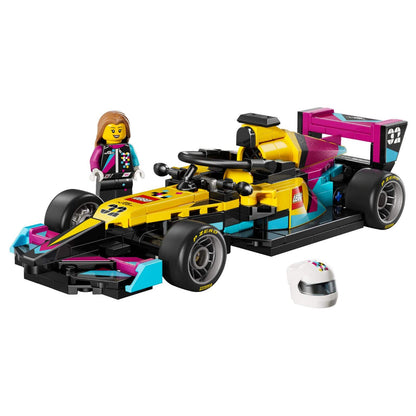 Lego Speed Champions Carro de Corrida Lego F1 Academy amarelo rosa azul com piloto e capacete