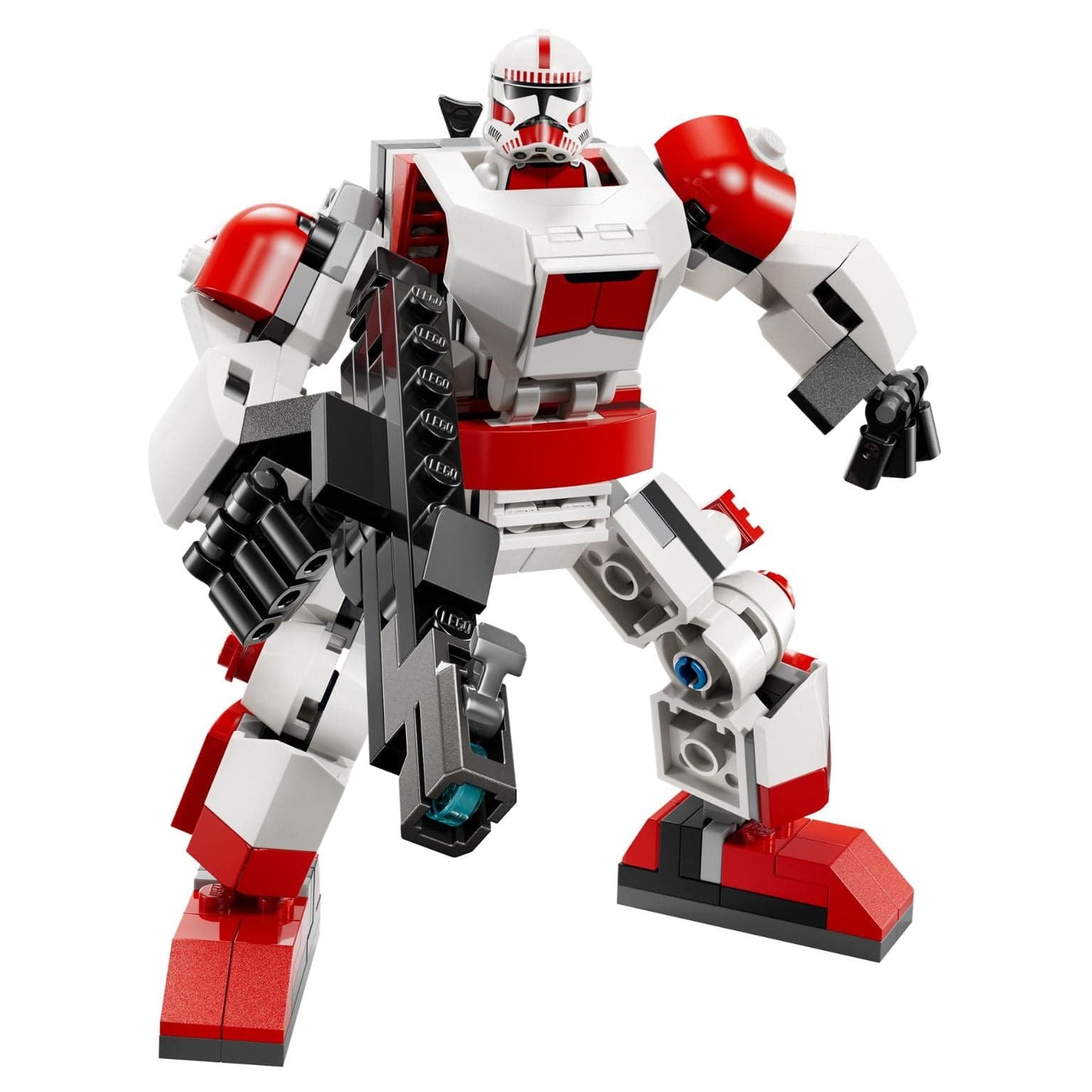 Lego Star Wars Robô Clone Shock Trooper branco e vermelho com minifigura e arma em cenário de ação