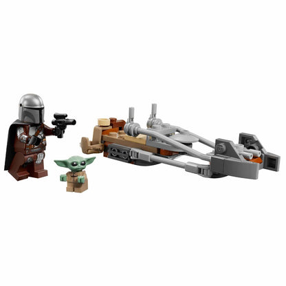 Lego Star Wars Speeder Bike de The Mandalorian e Grogu com o Mandaloriano e Grogu em missão de aventura