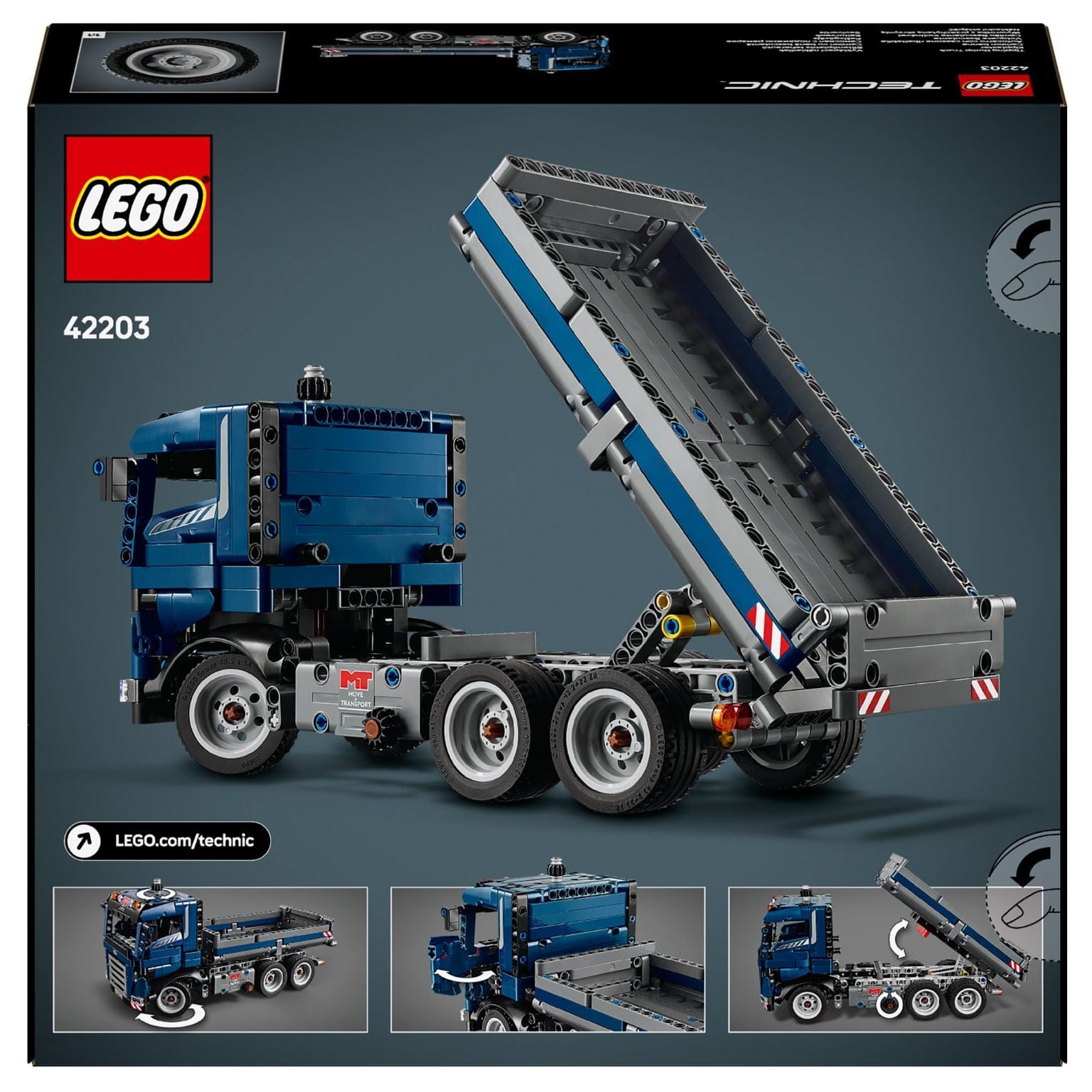 Lego Technic Camião Basculante Inclinável azul em cenário de obra